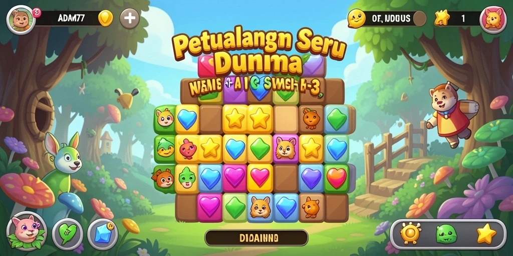 Screenshot utama ADAM77 menunjukkan gameplay seru Match-3.