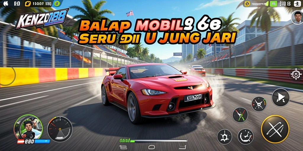 Gameplay seru KENZO188 dengan mobil balap di lintasan.