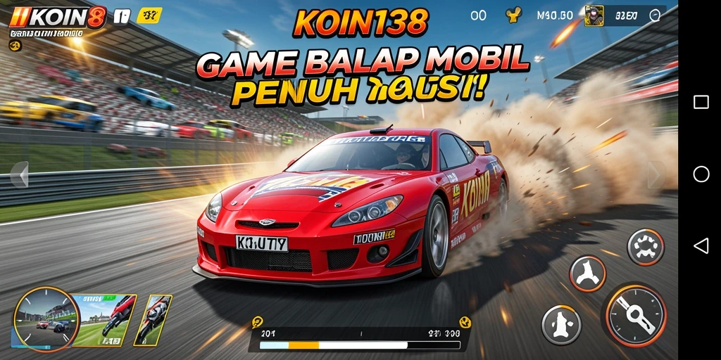 Tampilan gameplay KOIN138 yang penuh aksi balap mobil.