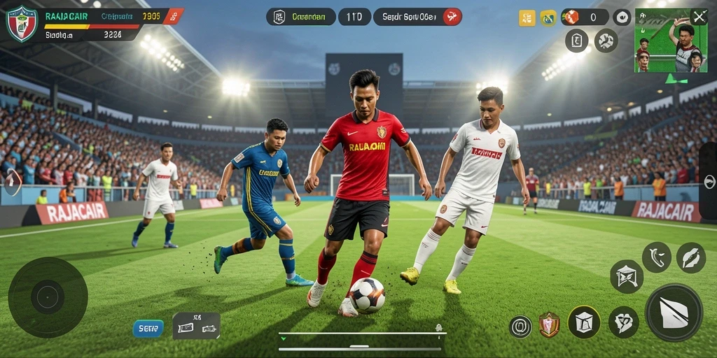 Tampilan gameplay <strong>RAJACAIR</strong> yang menampilkan aksi pertandingan sepak bola.