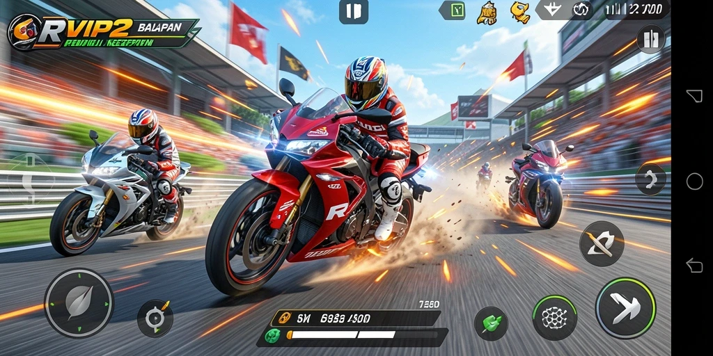 Tampilan gameplay menarik dalam balapan motor yang cepat dan menegangkan.